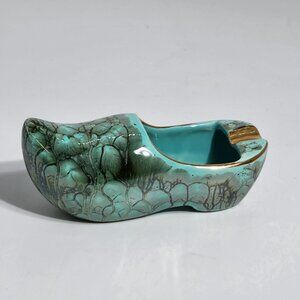 Vintage Dutch Ceramic Clog Shoe Turquoise and Gold Hand Painted Made in Holland